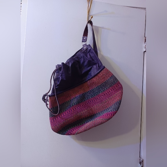 Colorful "Why Not" Purple Leather & Multi-color Woven Hemp Drawstring Bucket Bag - Picture 6 of 9
